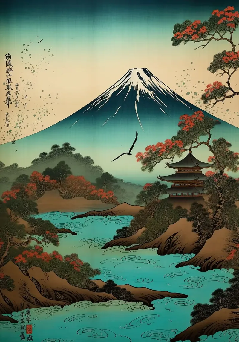 mountain trees river pagoda sky clouds bird hahnemühle by Kirsten C Nolan