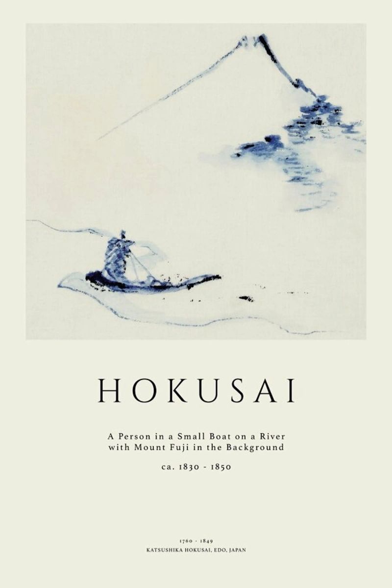 Hokusai - A Person in a Small Boat on a River with Mount Fuji in the Background II poster by Vintage by JUNIQE