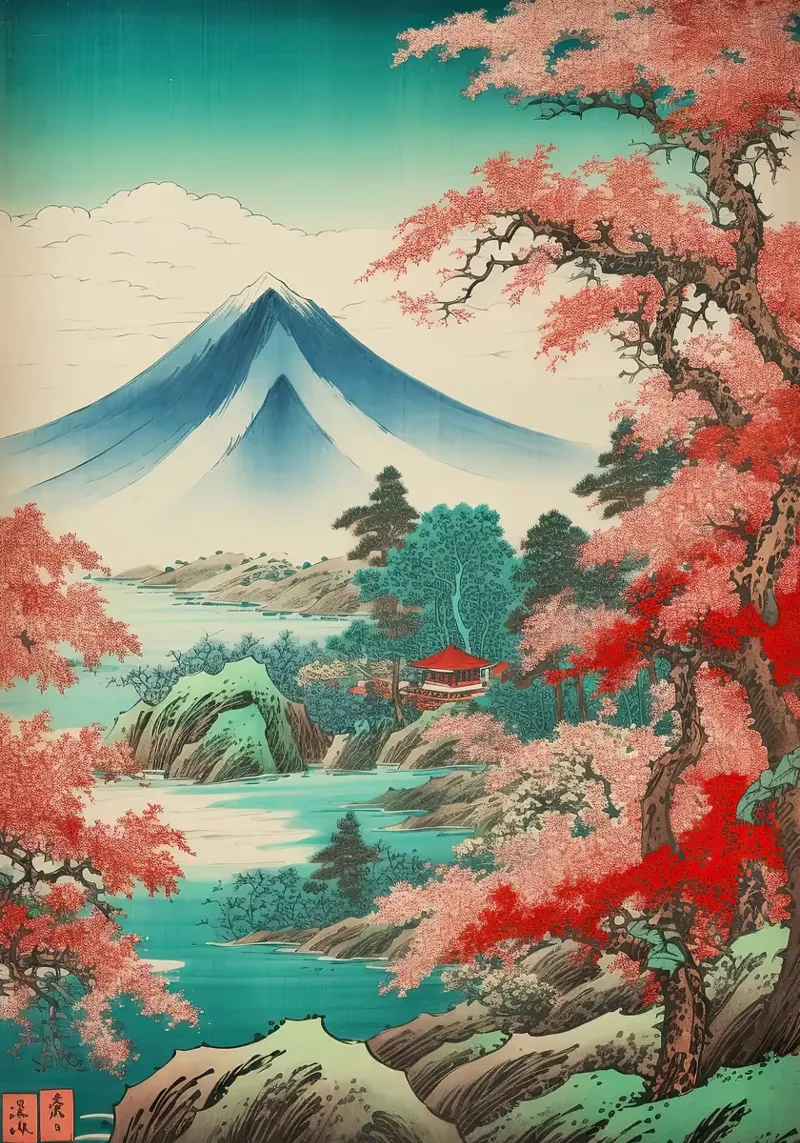 alberi di montagna fiori rosa fiori rossi cielo blu poster con telaio in legno da James Isaac Jackson