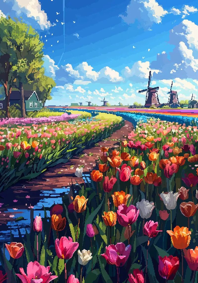 tulip fields windmills dirt path blue sky clouds trees poster by James Isaac Jackson
