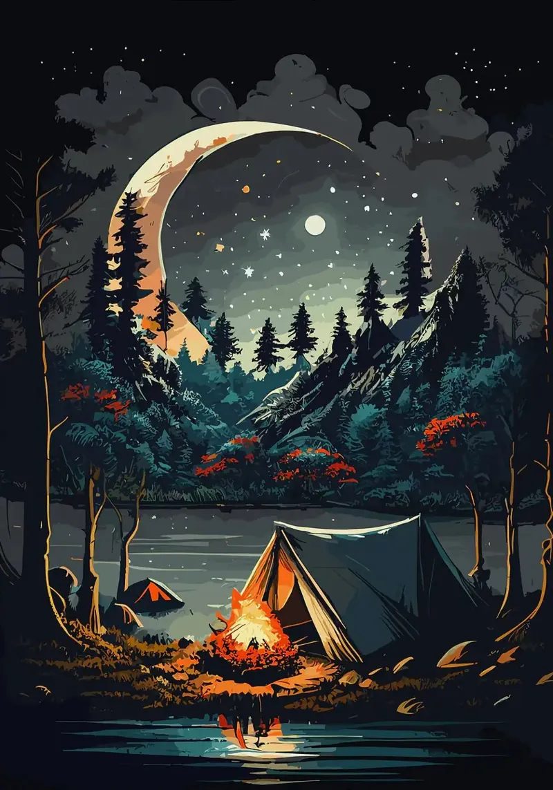campfire tent crescent moon night sky stars forest pine tree poster with wooden frame by James Isaac Jackson