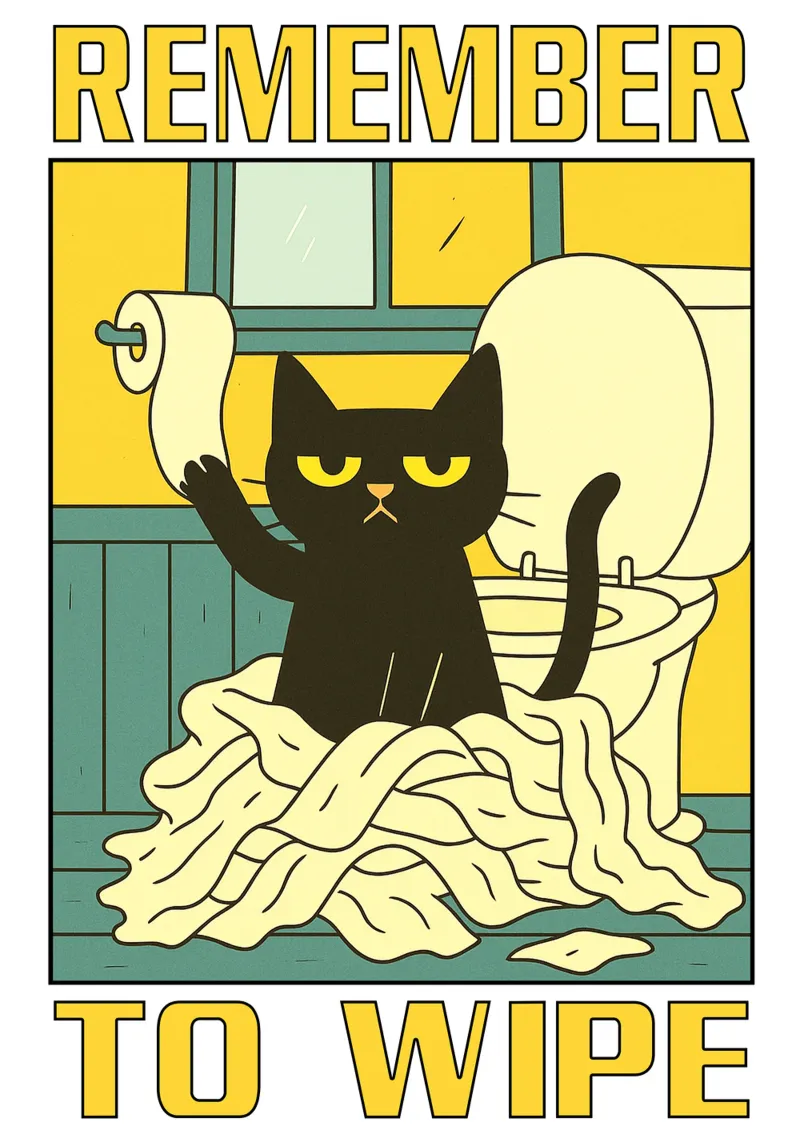 Gatto nero ricorda di pulire il bagno divertente poster con telaio in alluminio da the gindils