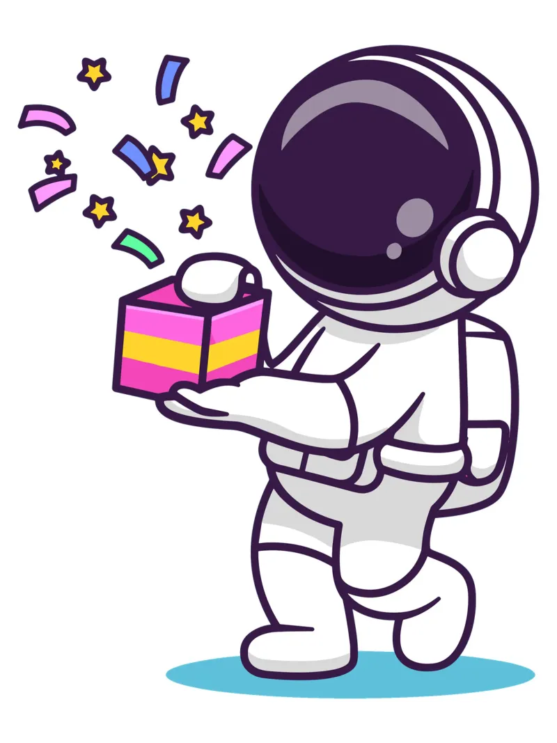 Simpatico astronauta con in mano una confezione regalo plexiglass da brockcon Shop