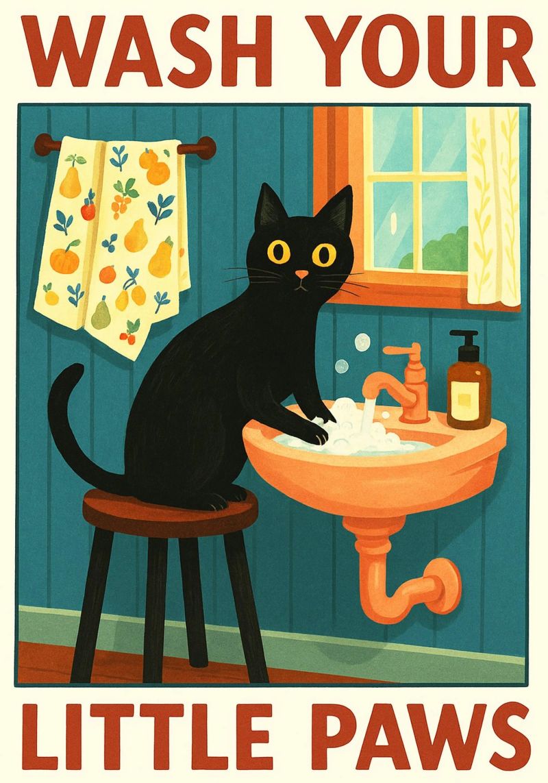 Wash your Paws Black Cat Funny Bathroom Art (Lavez vos pattes, chat noir, art de la salle de bain) poster de the gindils