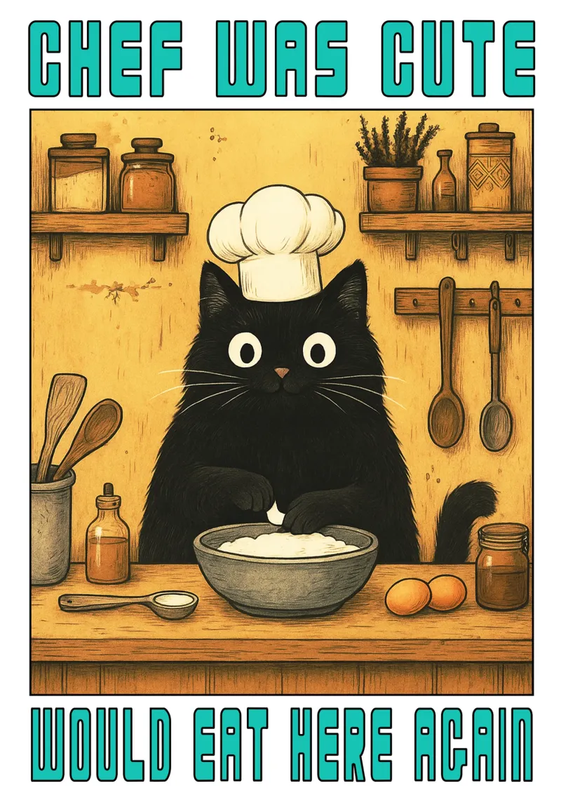 Chef Was Cute Would Eat Here Again Funny Cat (Le chef était mignon, il mangerait encore ici) poster avec cadre en plastique de the gindils