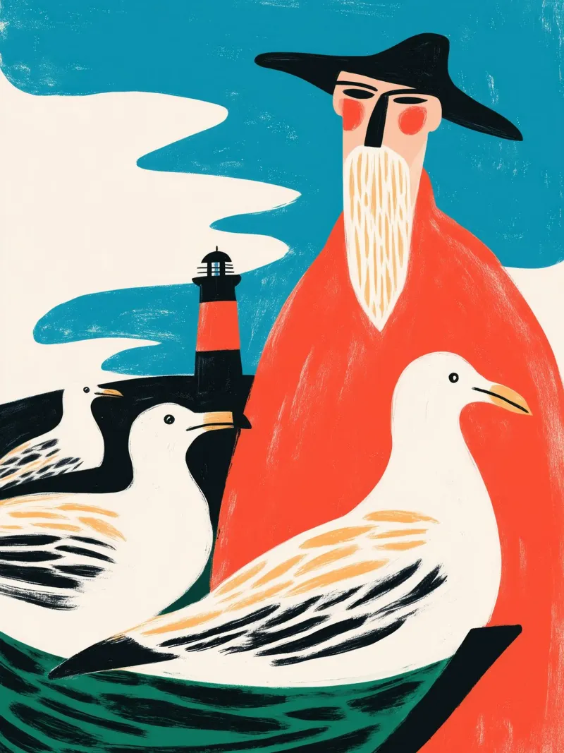 3 Möwen und ein Fischer | Maritime Illustration Hahnemühle von Autofocus