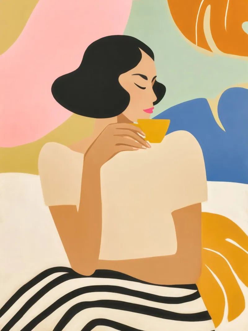 Mujer disfrutando de un espresso | Ilustración de moda metacrilato de Autofocus