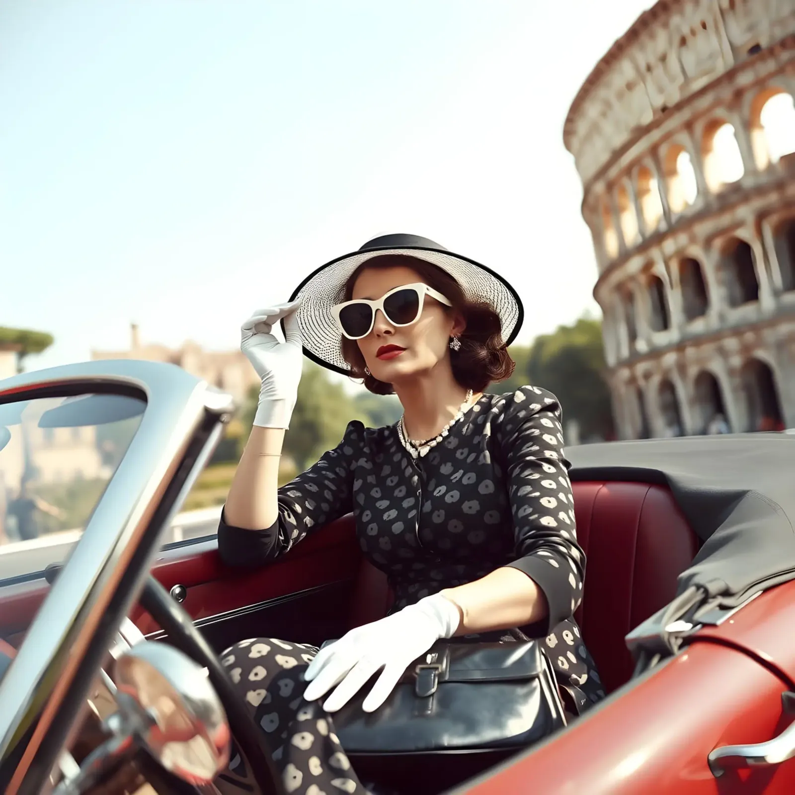 Signora del 1960 in decappottabile vicino al Colloseum pellicola backlit da Anita's Dream