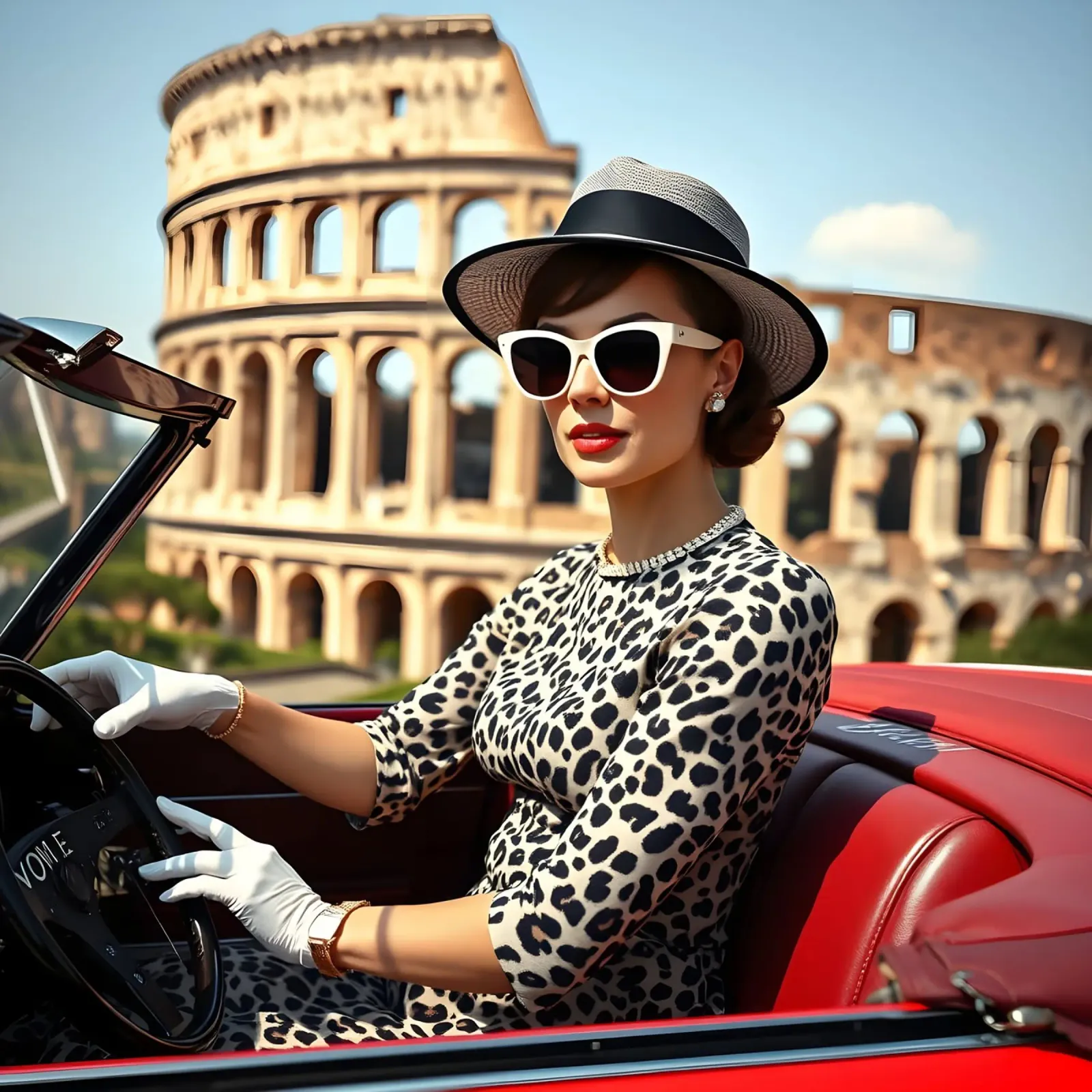 Signora del 1960 in decappottabile vicino al Colloseum pellicola backlit da Anita's Dream