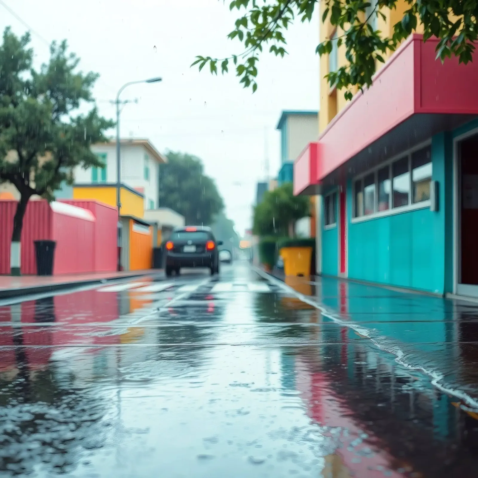 Strada bagnata dalla pioggia con edifici colorati che riflettono l'acqua plexiglass da DesignDoodle