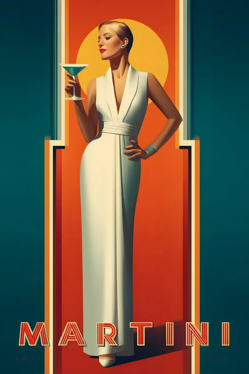 Martini in stile Art Déco poster con telaio in alluminio da M-Ulrich-Digital Art