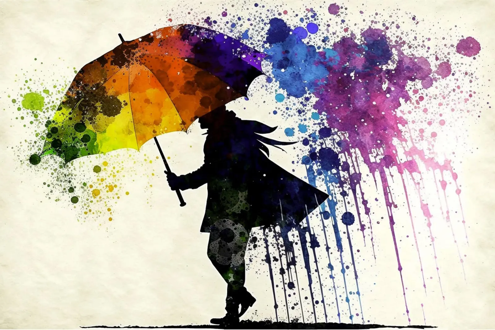 Acquerello dinamico: silhouette con ombrello e ombrello arcobaleno pellicola backlit da peuceta_BA