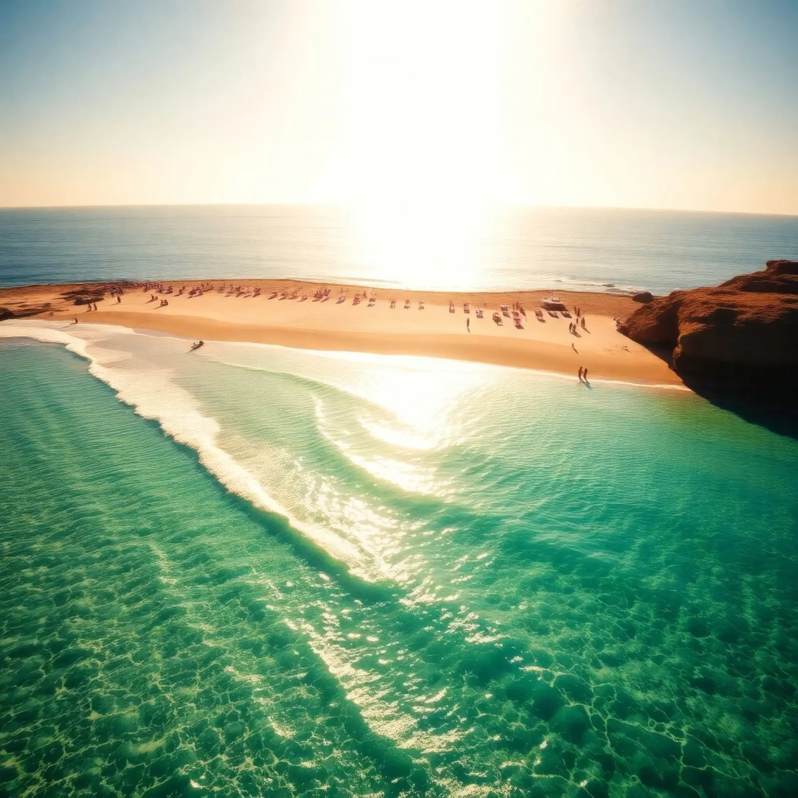 Spiaggia illuminata dal sole con acqua turchese e sabbia dorata durante il sole pellicola backlit da DesignDoodle