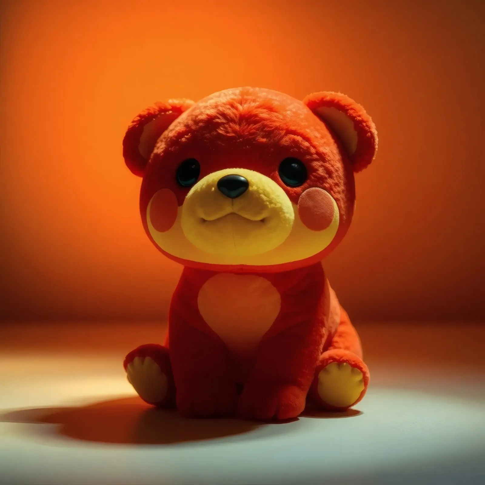 orangefarbener Plüschbär, der auf einer glatten Oberfläche in einer Umgebung sitzt Hahnemühle von DesignDoodle