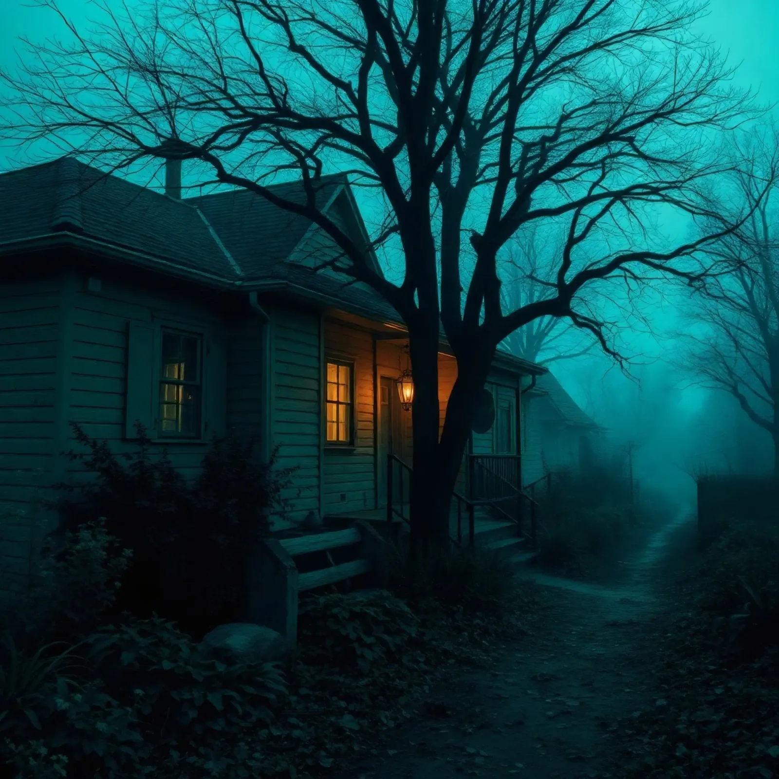 Dark and eerie house illuminated by warm light in foggy canvas by DesignDoodle
