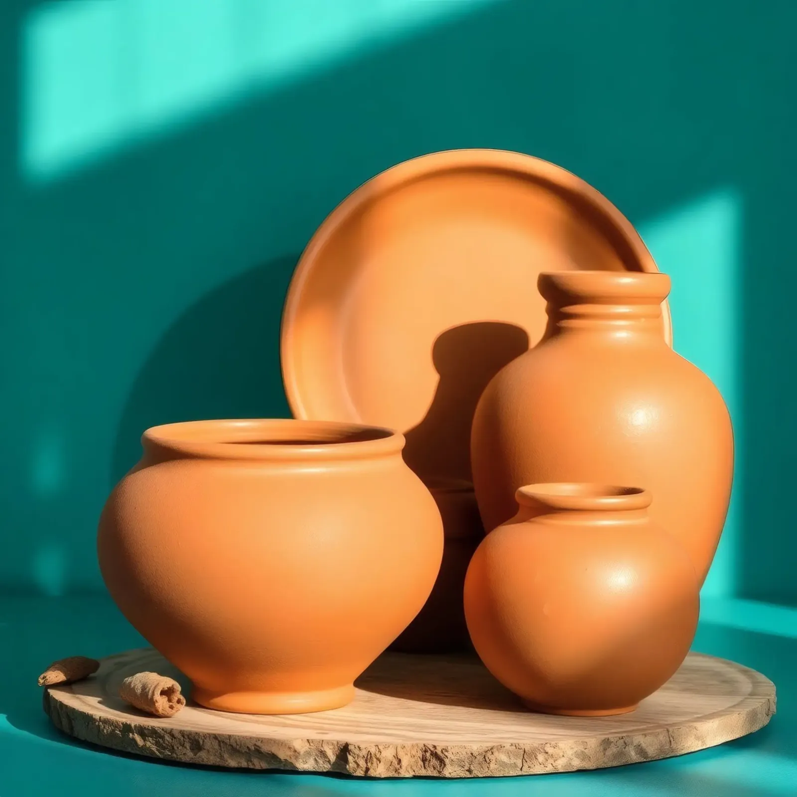 Pentole e piatti di terracotta disposti su un piatto di legno pellicola backlit da DesignDoodle