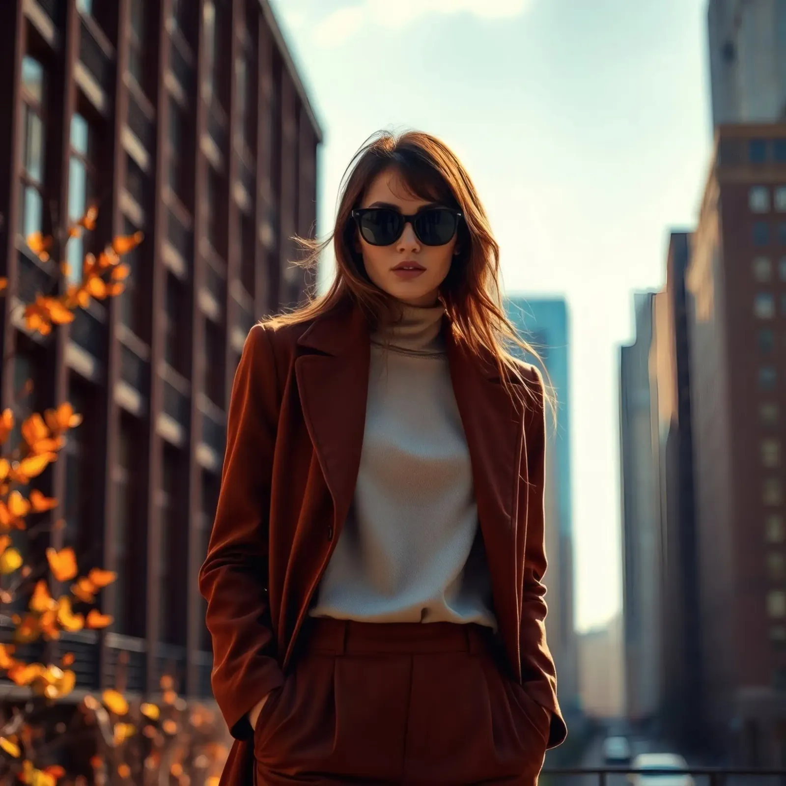 Une femme élégante en tenue brune se tient debout avec assurance hahnemühle de DesignDoodle