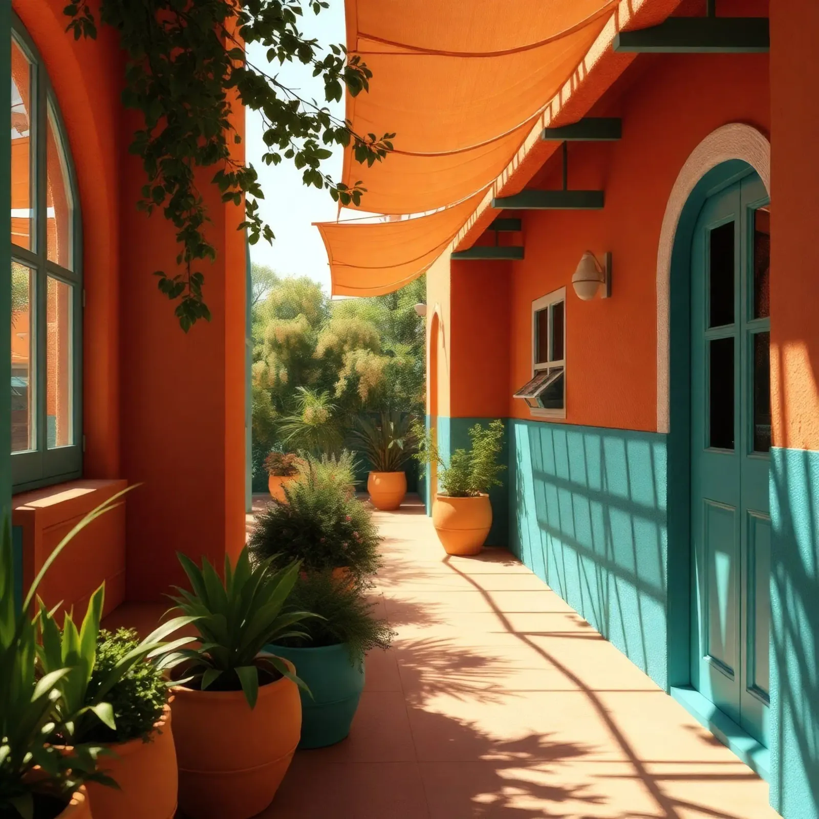 cortile con pareti e piante colorate sotto un cielo soleggiato pellicola backlit da DesignDoodle