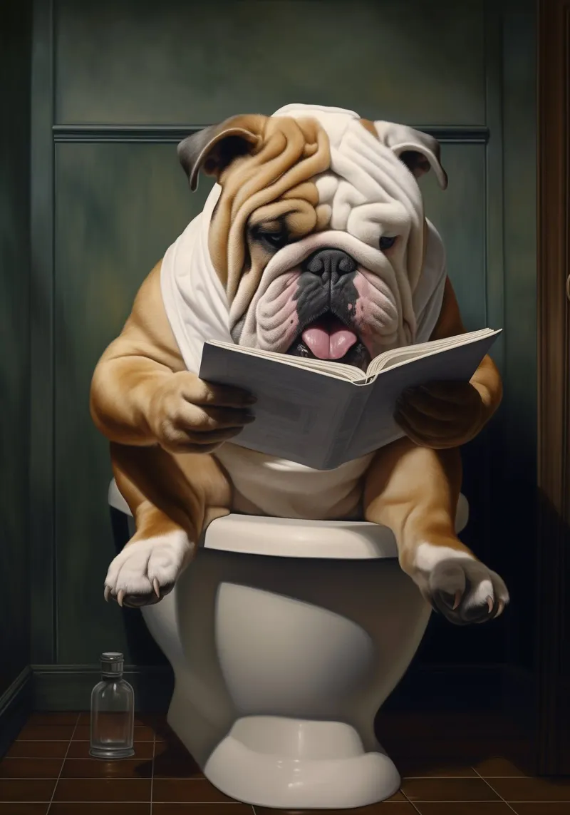 Bulldog leyendo un libro en el retrete poster con marco de plástico de Fleur de Lys