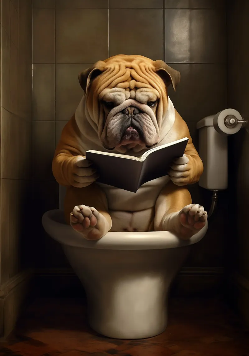 Bulldog leyendo un libro en el retrete poster con marco de madera de Fleur de Lys