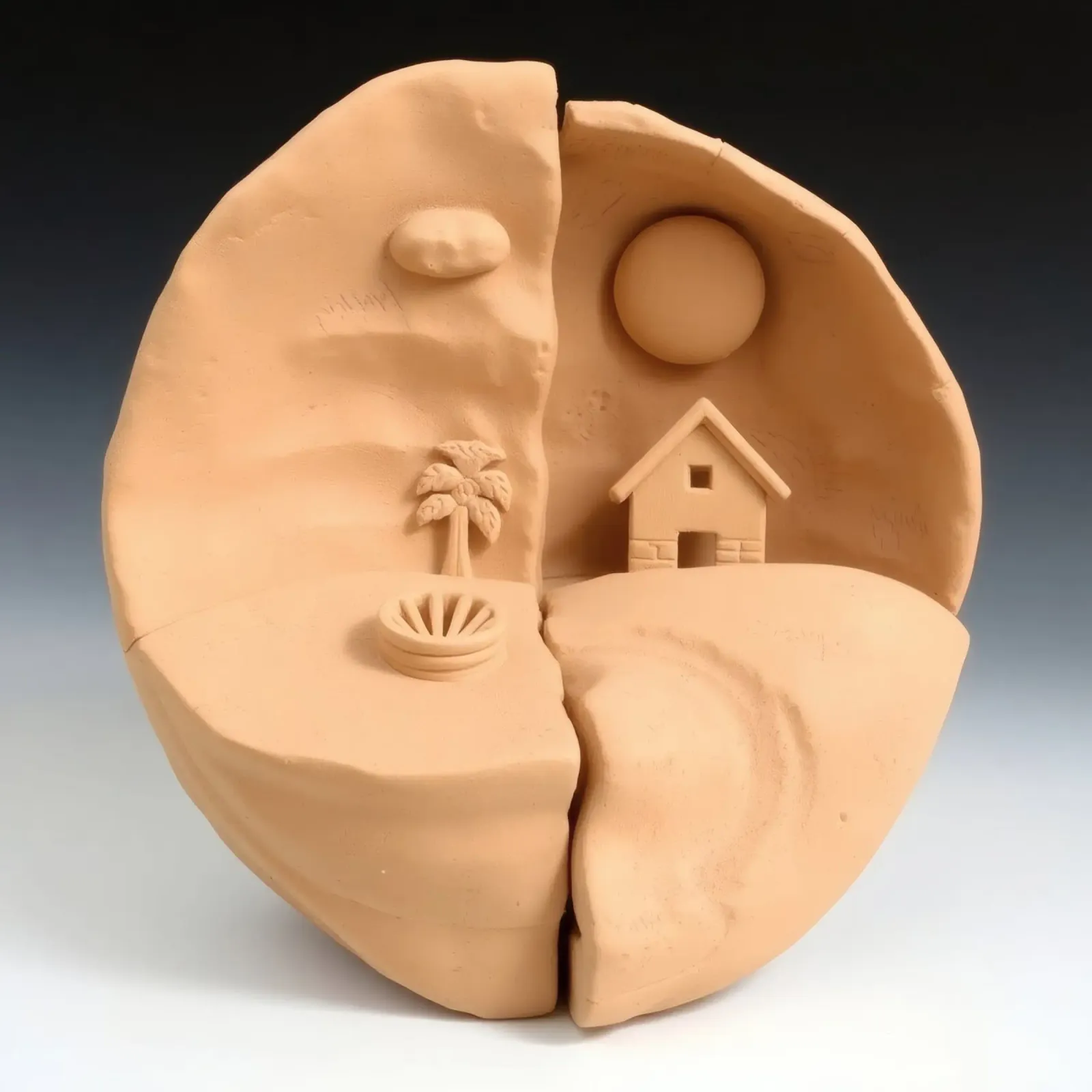 scultura in argilla raffigurante un paesaggio diviso in due con casa e pa carta hahnemühle da DesignDoodle