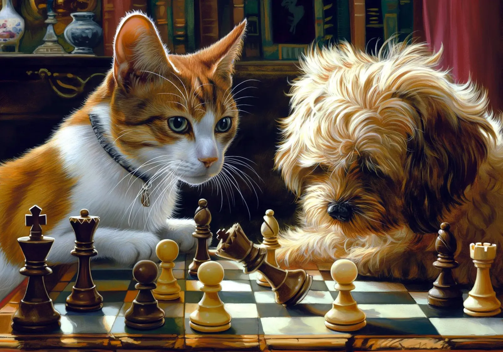 Gatto e cane giocano a scacchi alluminio dibond da Fleur de Lys