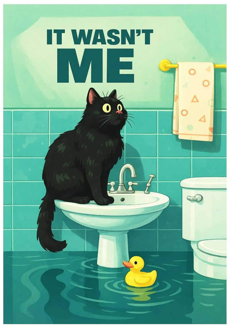 Non sono stato io Gatto divertente Bagno divertente poster con telaio in alluminio da the gindils