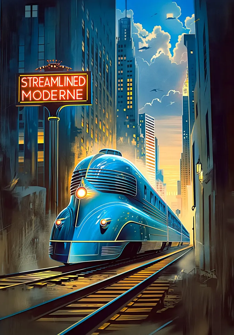 Treno Art Deco poster con telaio in alluminio da Fleur de Lys