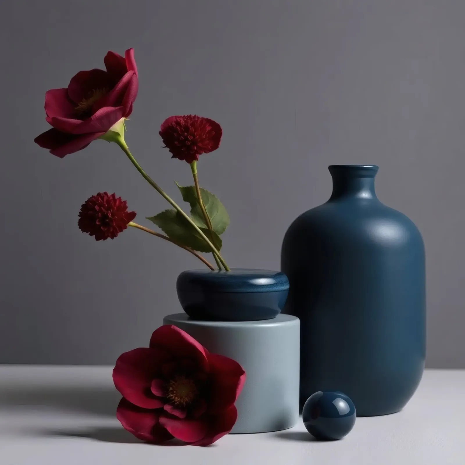 vasi blu scuro con fiori vivaci su un tavolo minimalista pellicola backlit da DesignDoodle