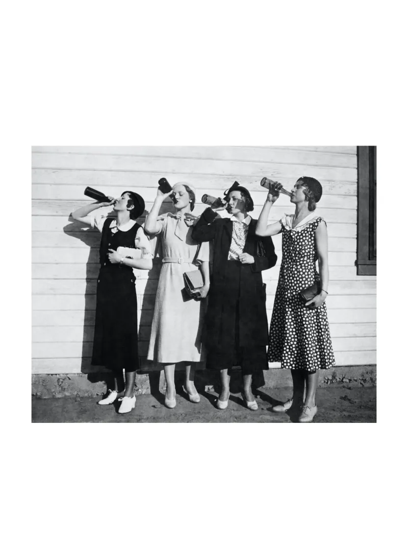 Ragazze Flapper che bevono nei ruggenti anni Venti pellicola backlit da Black And White
