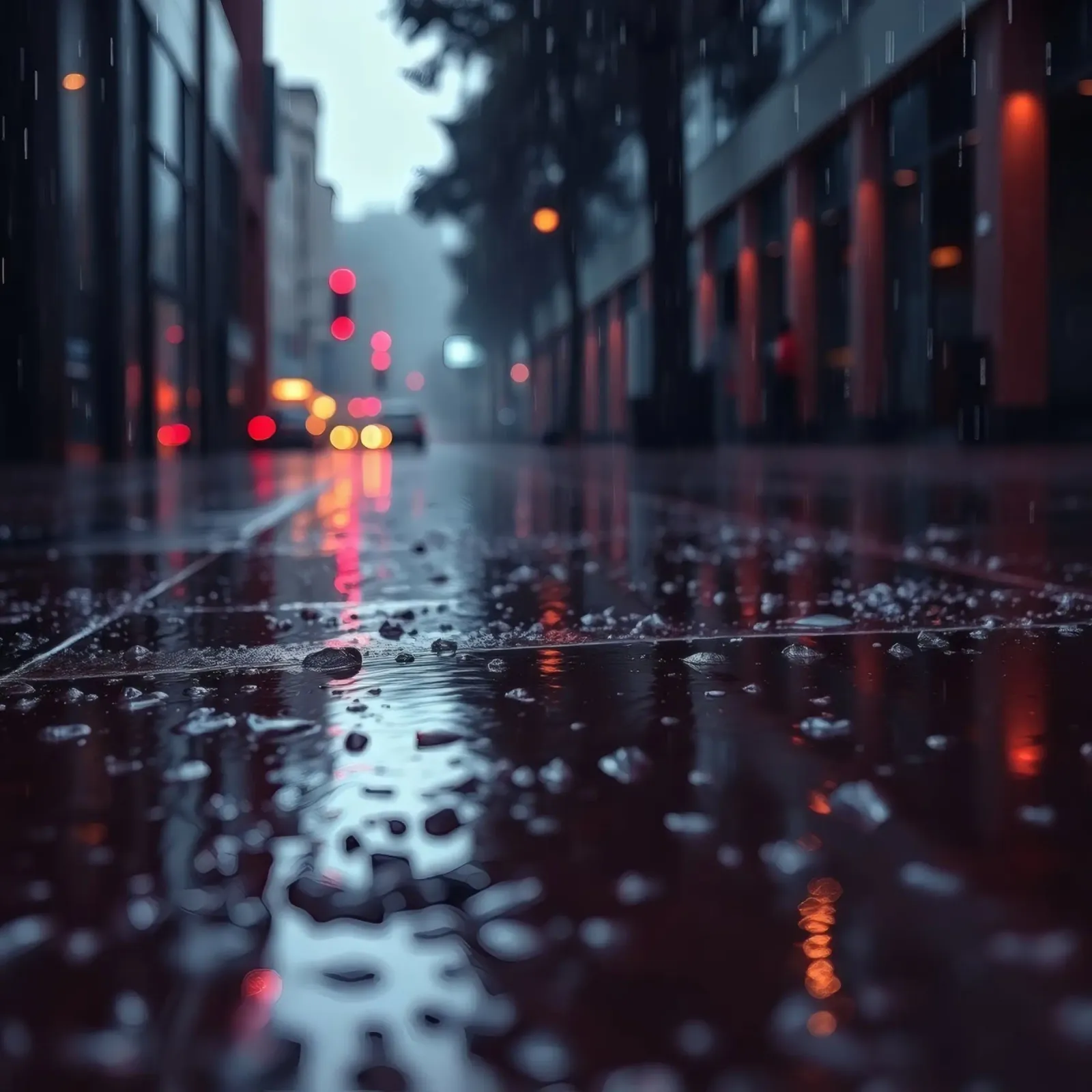 La strada bagnata dalla pioggia riflette le luci della città di sera pellicola backlit da DesignDoodle