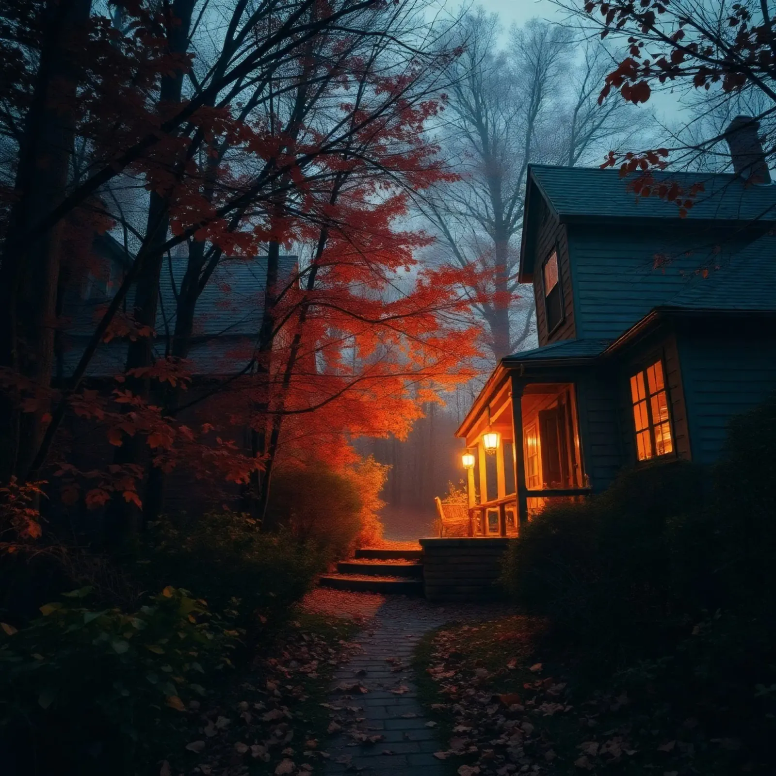 Una luce calda risplende da un'accogliente casa in una foresta nebbiosa durante il pellicola backlit da DesignDoodle