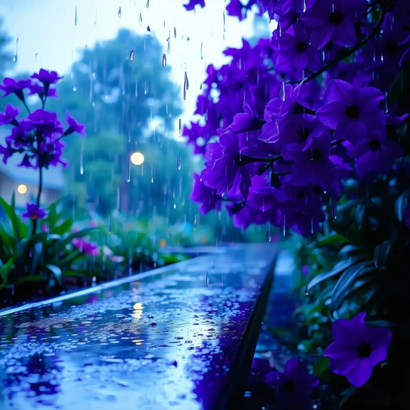 fiori viola circondati da gocce di pioggia, in una tranquilla alluminio dibond da DesignDoodle