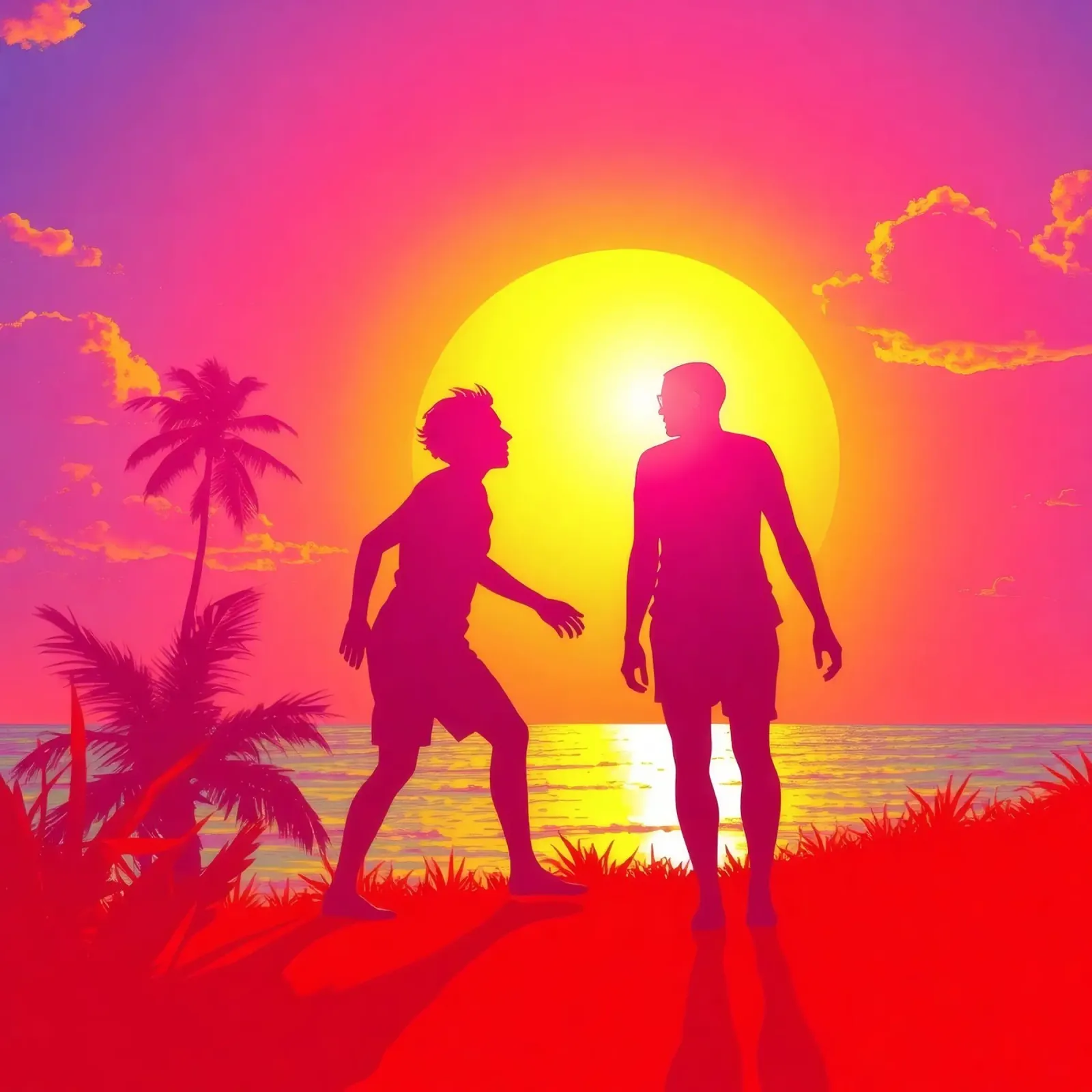 Amigos disfrutando de la puesta de sol en una playa tropical poster de DesignDoodle