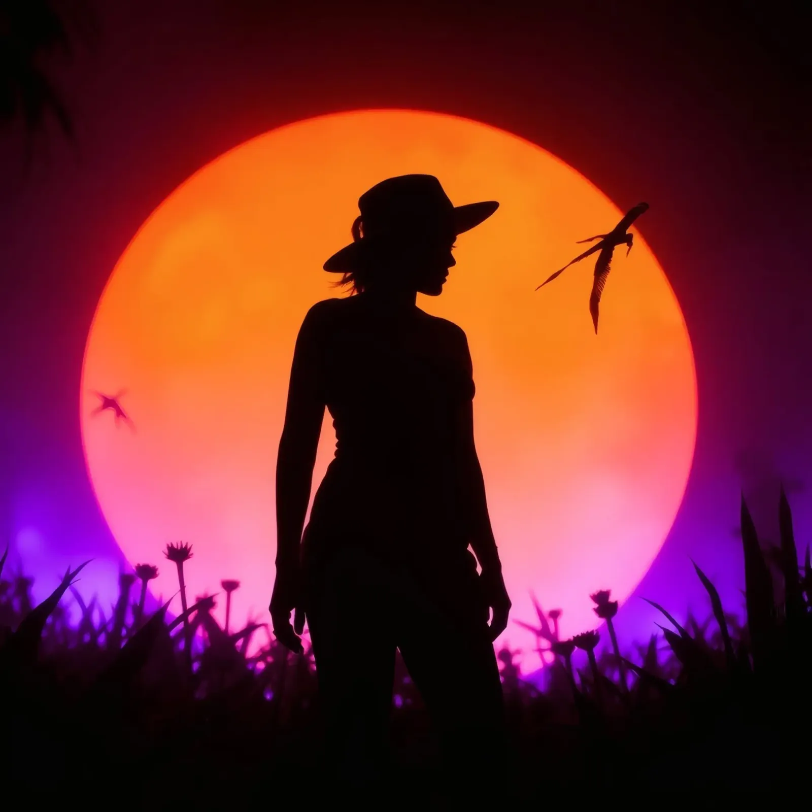 Silhouette of a woman in a hat, sunset with flying insects hahnemühle by DesignDoodle
