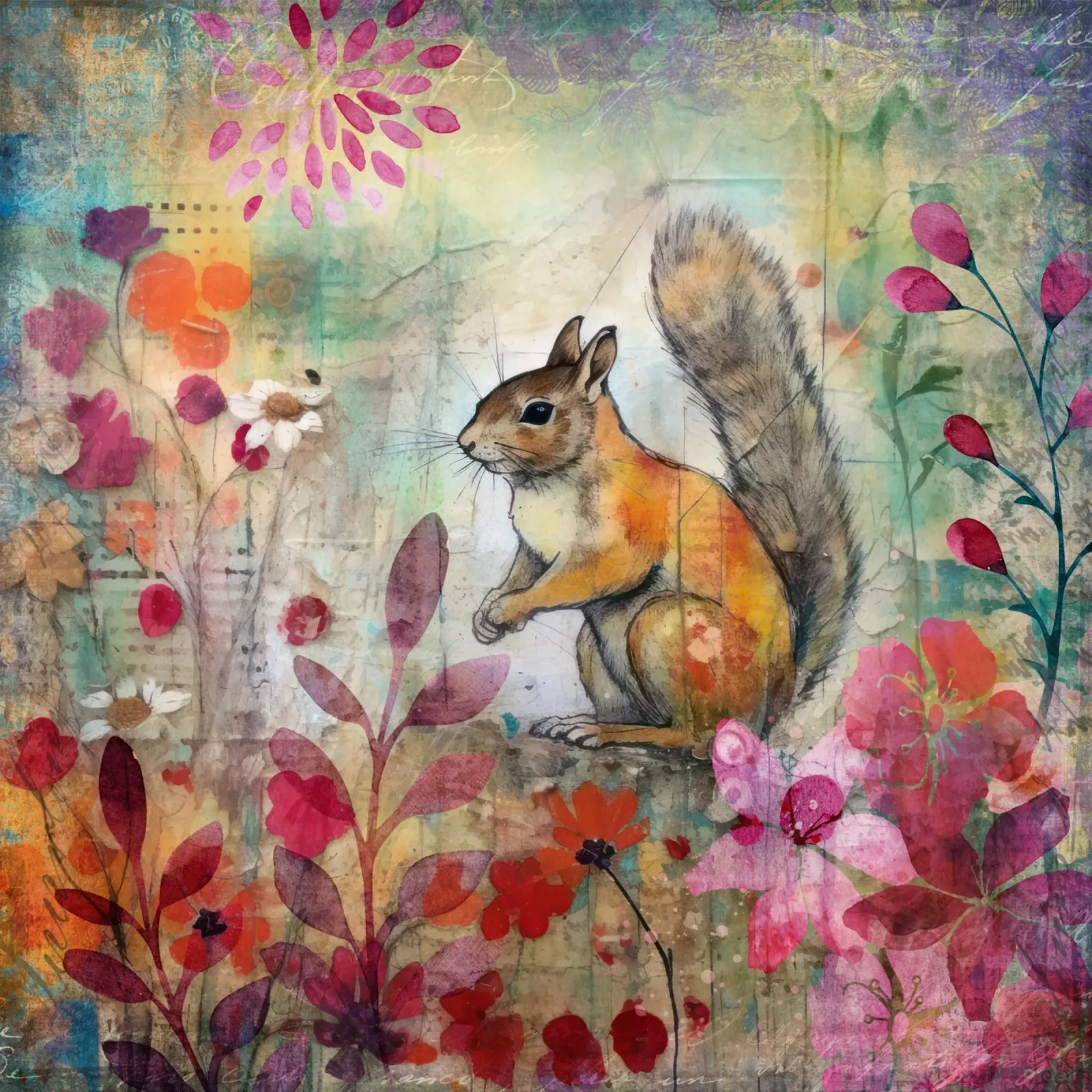 Scoiattolo Tarda estate fauna selvatica Colorful Mixed Media Art poster con telaio in alluminio da Andrea Haase Modern Home