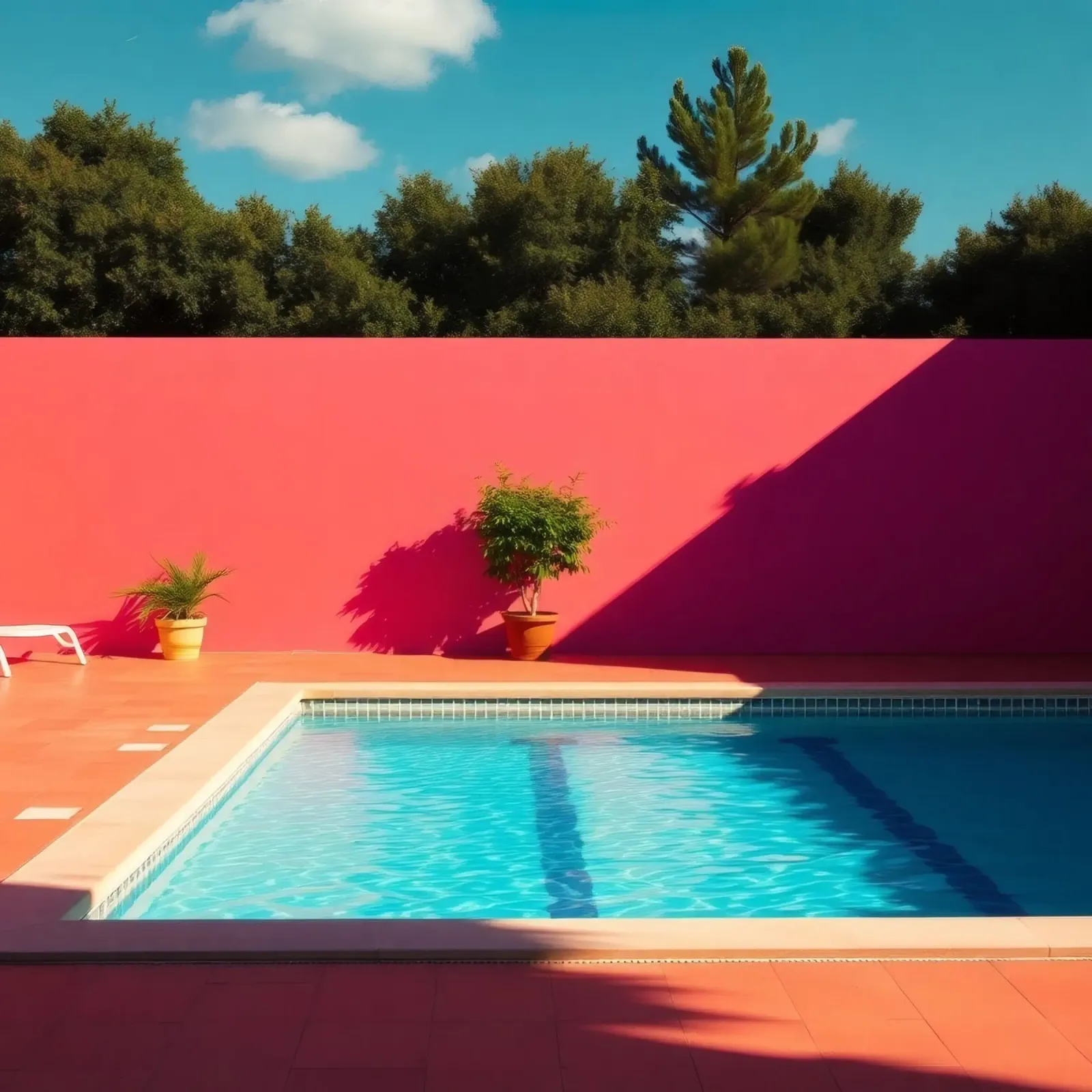Piscine bleu vif entourée de verdure et d'un mur rose poster avec cadre en aluminium de DesignDoodle