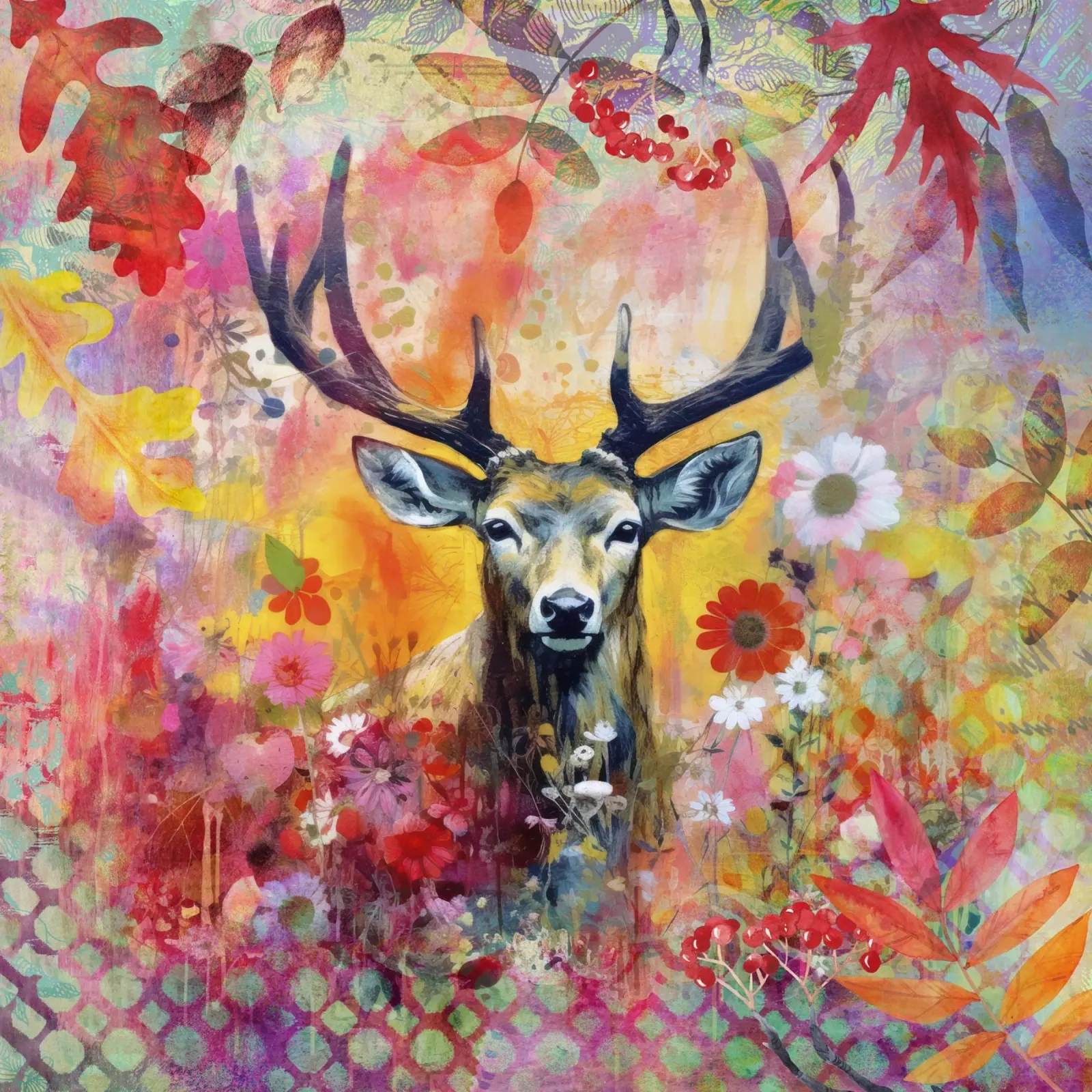 Cervo selvatico Tarda estate fauna selvatica Colorful Mixed Media Art poster con telaio in legno da Andrea Haase Modern Home