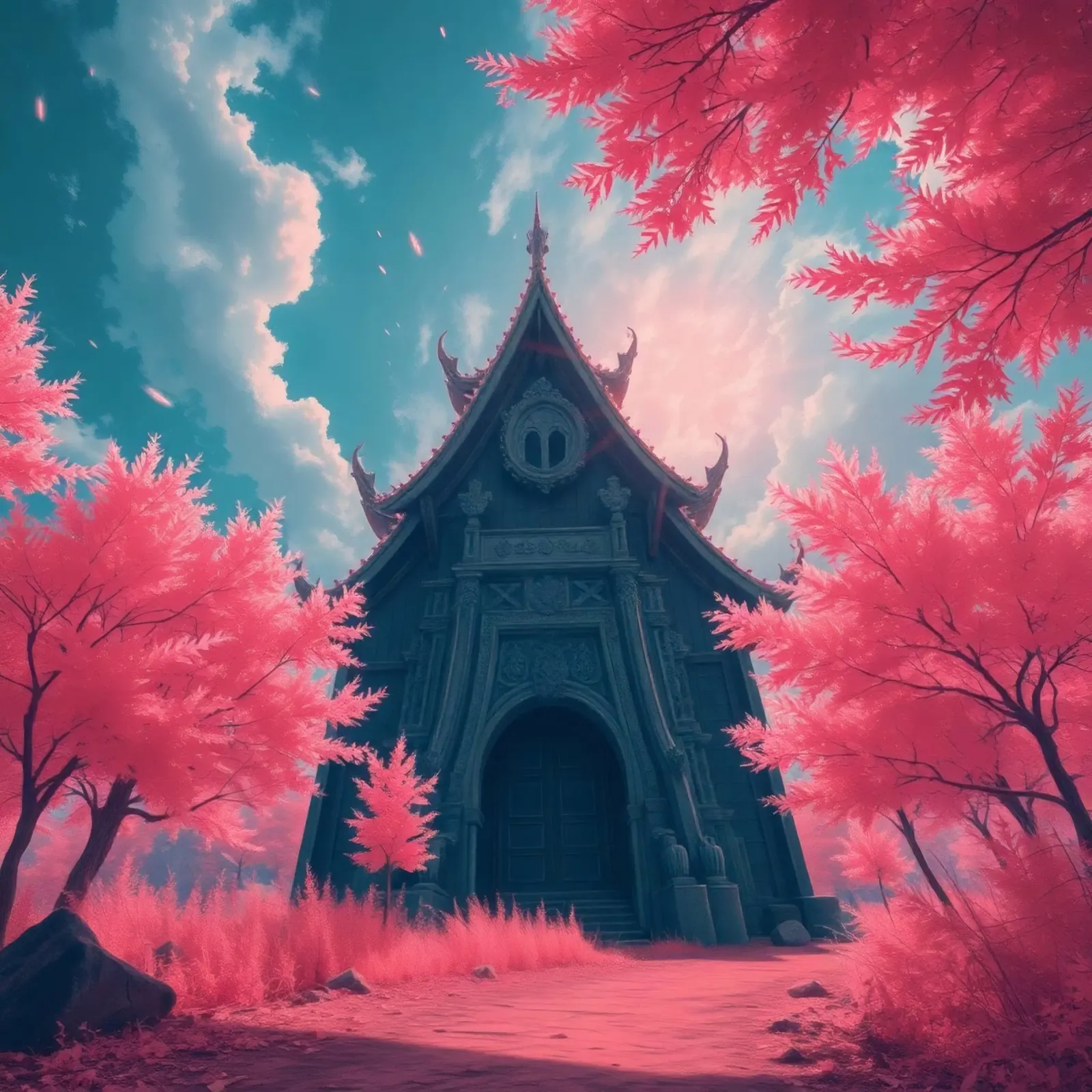 structure with ornate architecture surrounded by pink trees canvas by DesignDoodle