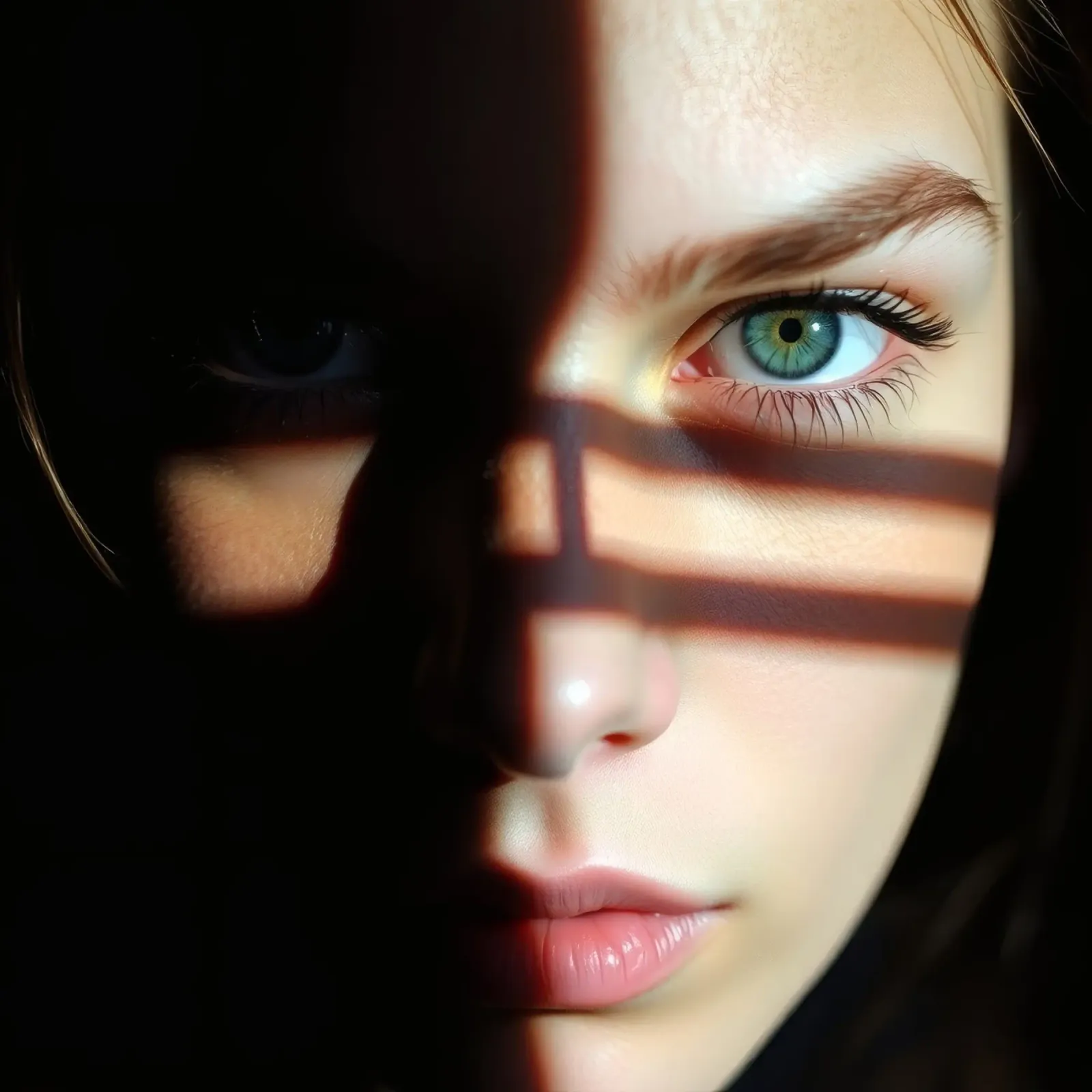 Girl with striking green eyes partially illuminated by shado canvas with Floater frame by DesignDoodle