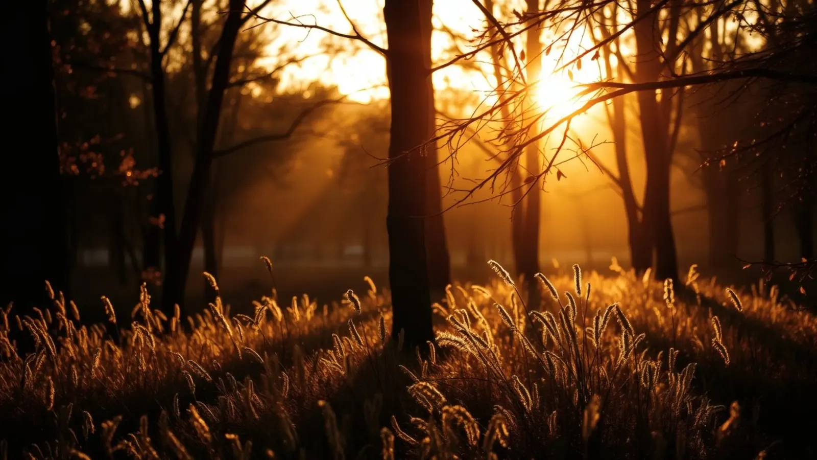 Golden sunlight filters through trees in a tranquil forest canvas by DesignDoodle