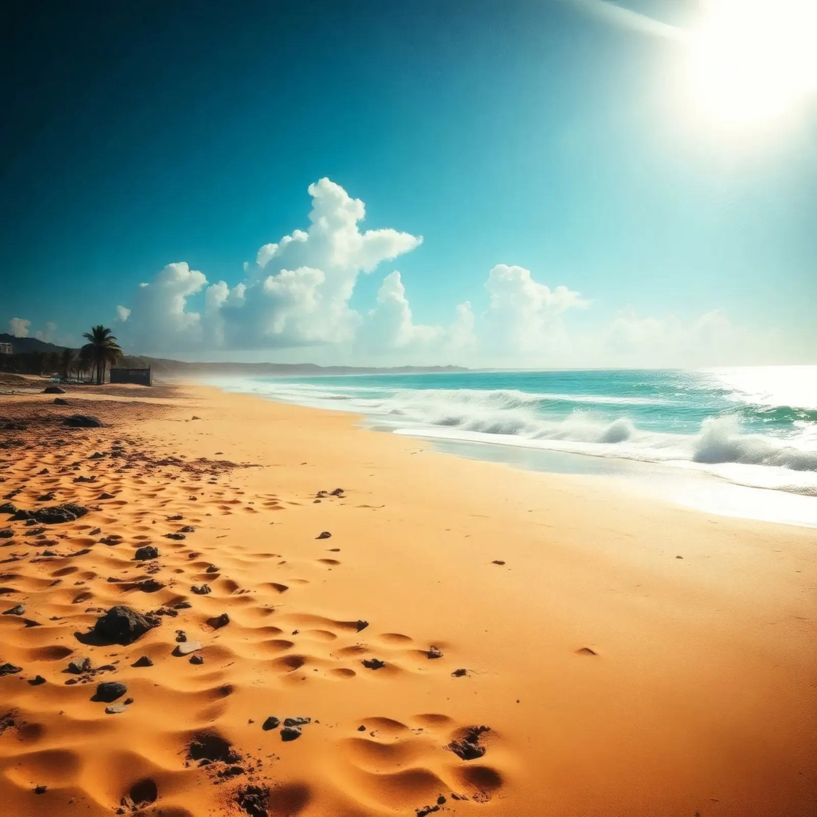 Golden sand beach with gentle waves and sunny sky canvas by DesignDoodle