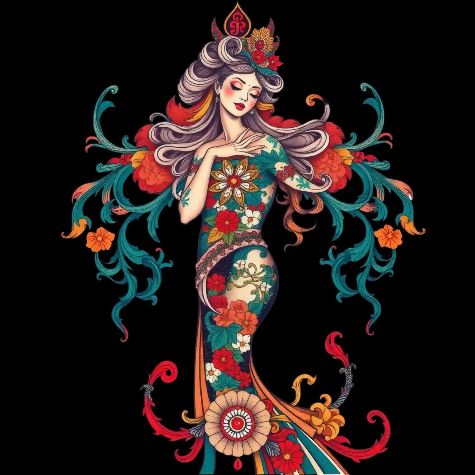 donna adornata con motivi floreali che mostrano un design intricato alluminio dibond da DesignDoodle