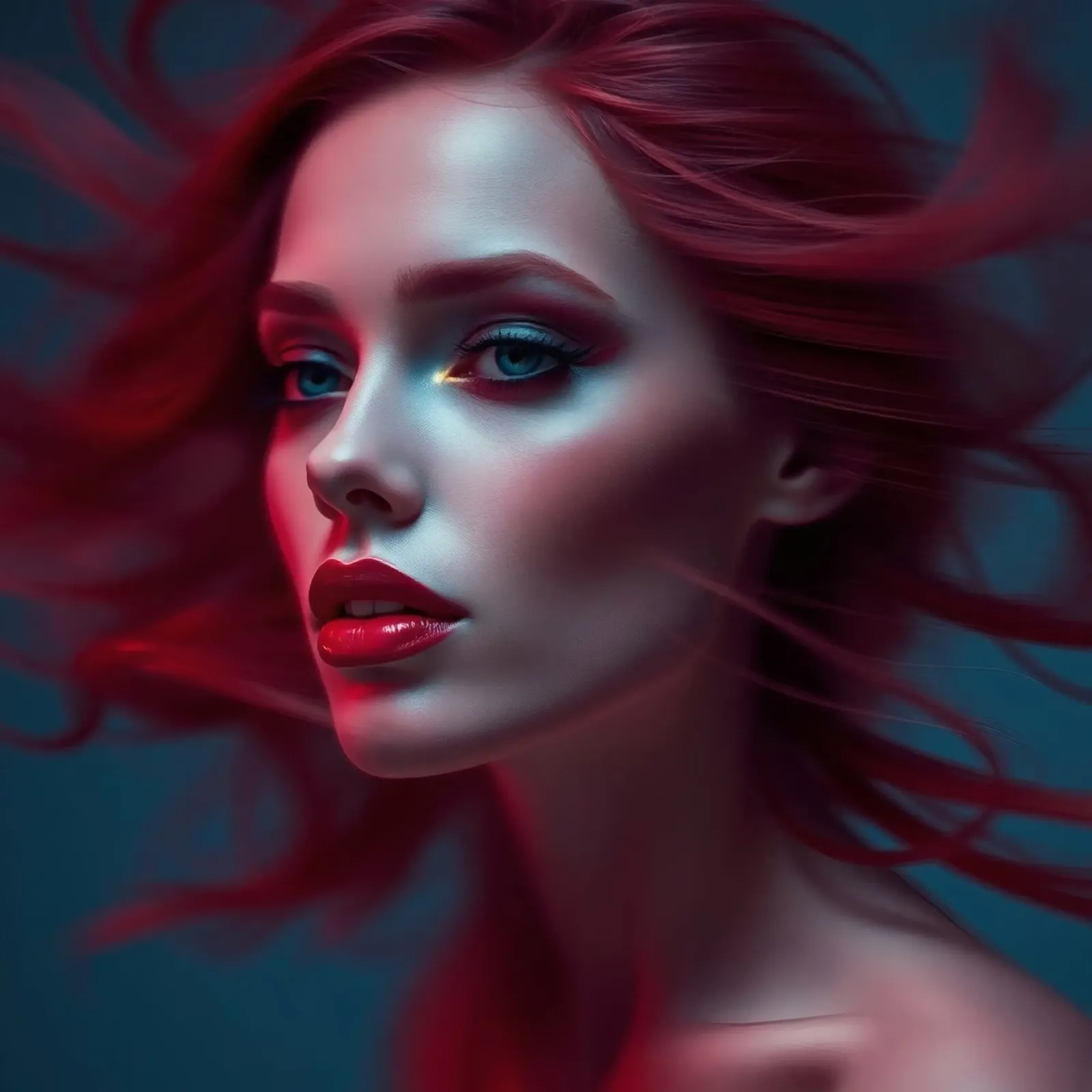Donna dai capelli rossi con lineamenti marcati e capigliatura fluente in pellicola backlit da DesignDoodle