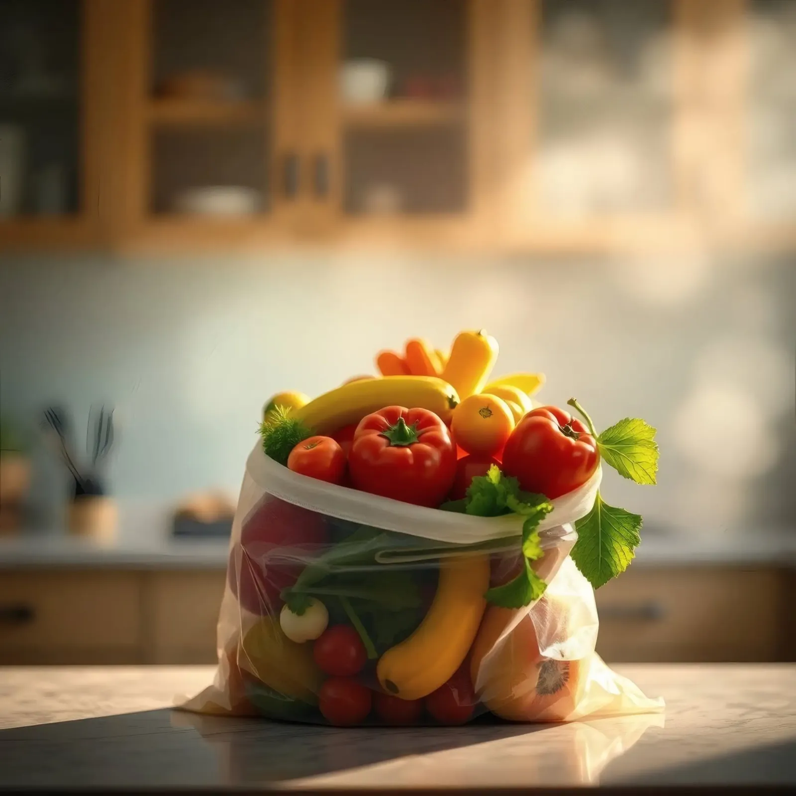 Frutta e verdura fresche disposte in un sacchetto riutilizzabile alluminio dibond da DesignDoodle