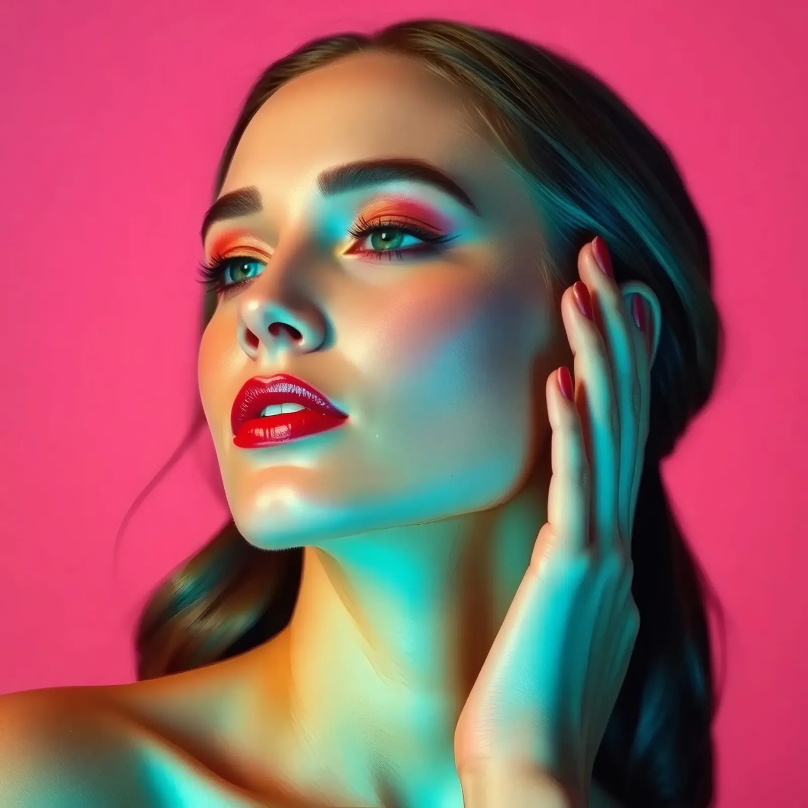 Schöne Frau mit Make-up gegen einen hellen rosa Hintergrund Leinwand von DesignDoodle
