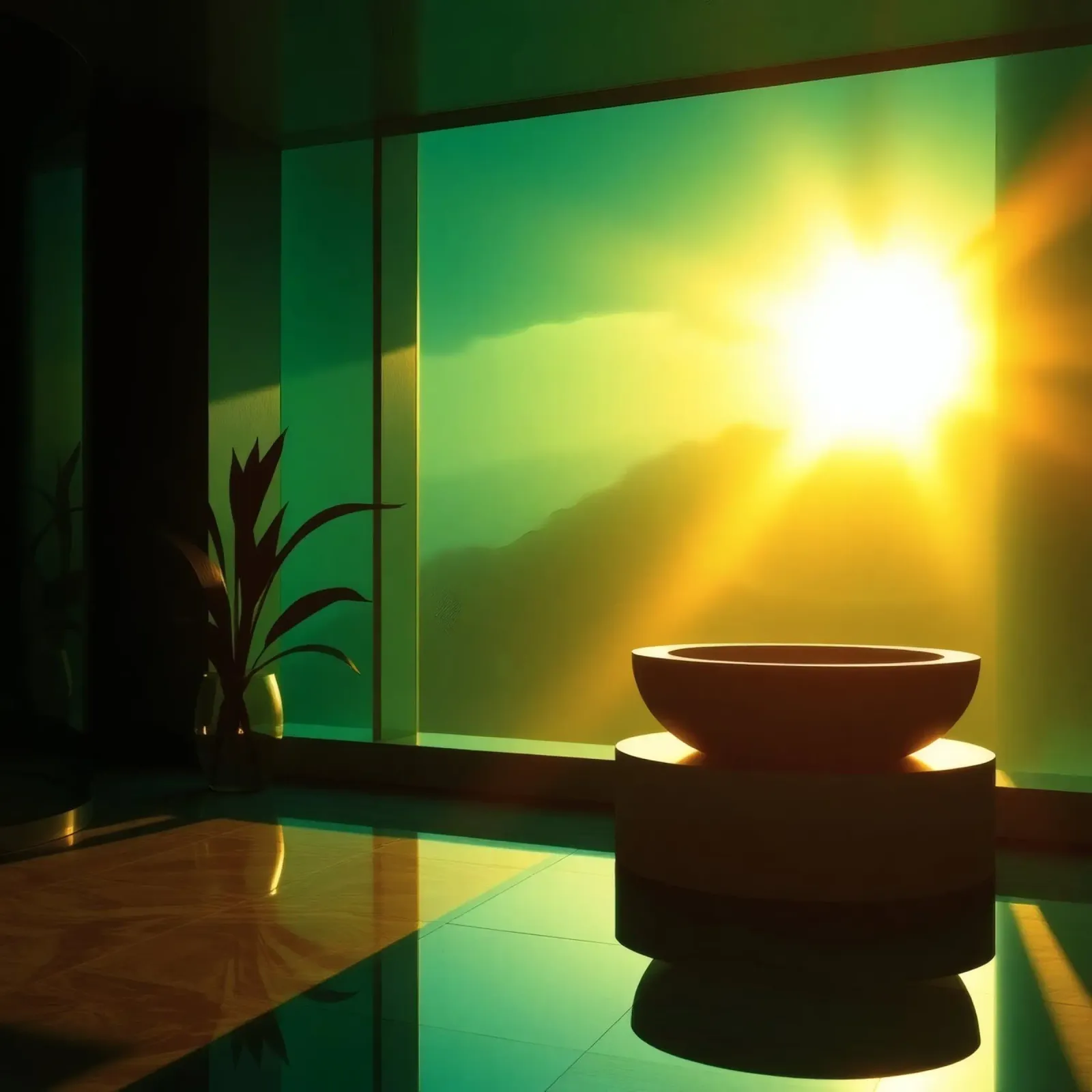 Un bellissimo tramonto visto attraverso un moderno spazio interno poster con telaio in alluminio da DesignDoodle