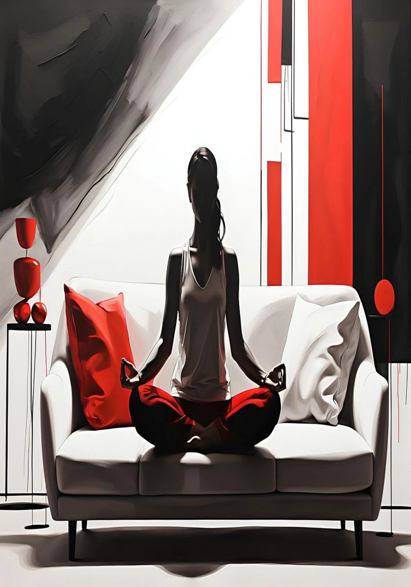 Yoga silhouet kunst vrouw mediterend op een witte bank poster van Cold Wild