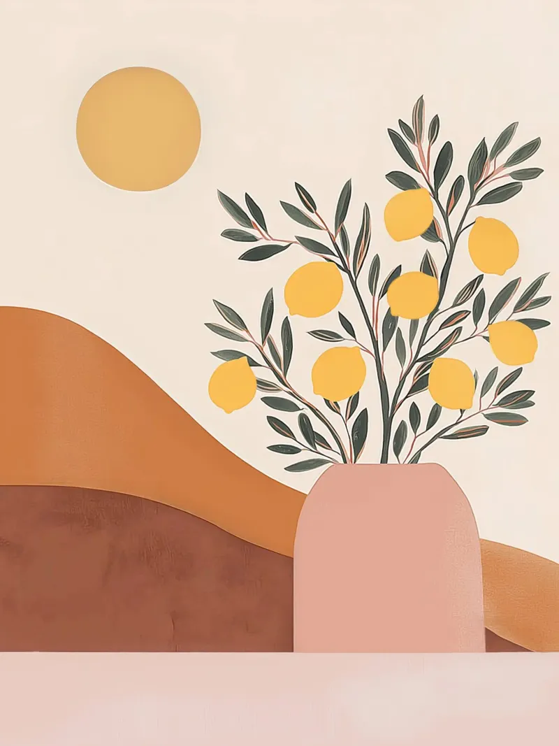 Boho Lemon Plant in Vase with Abstract Mountain Moon Art hahnemühle by Gentle Echoes Art