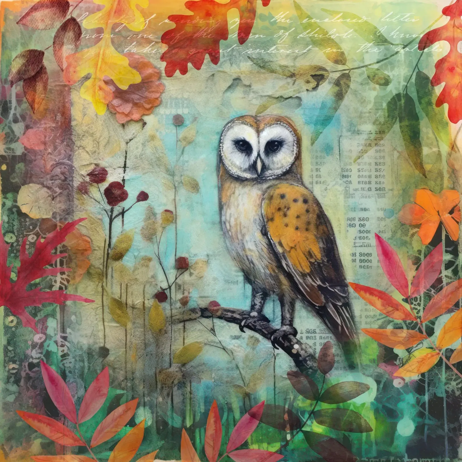 Uil Late Zomer Wildlife Kleurrijk Mixed Media Art canvas met Baklijst van Andrea Haase Modern Home